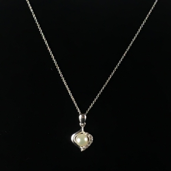 925 Silver Necklace Pearl & CZ Crystal Rhinestone - Picture 4 of 8